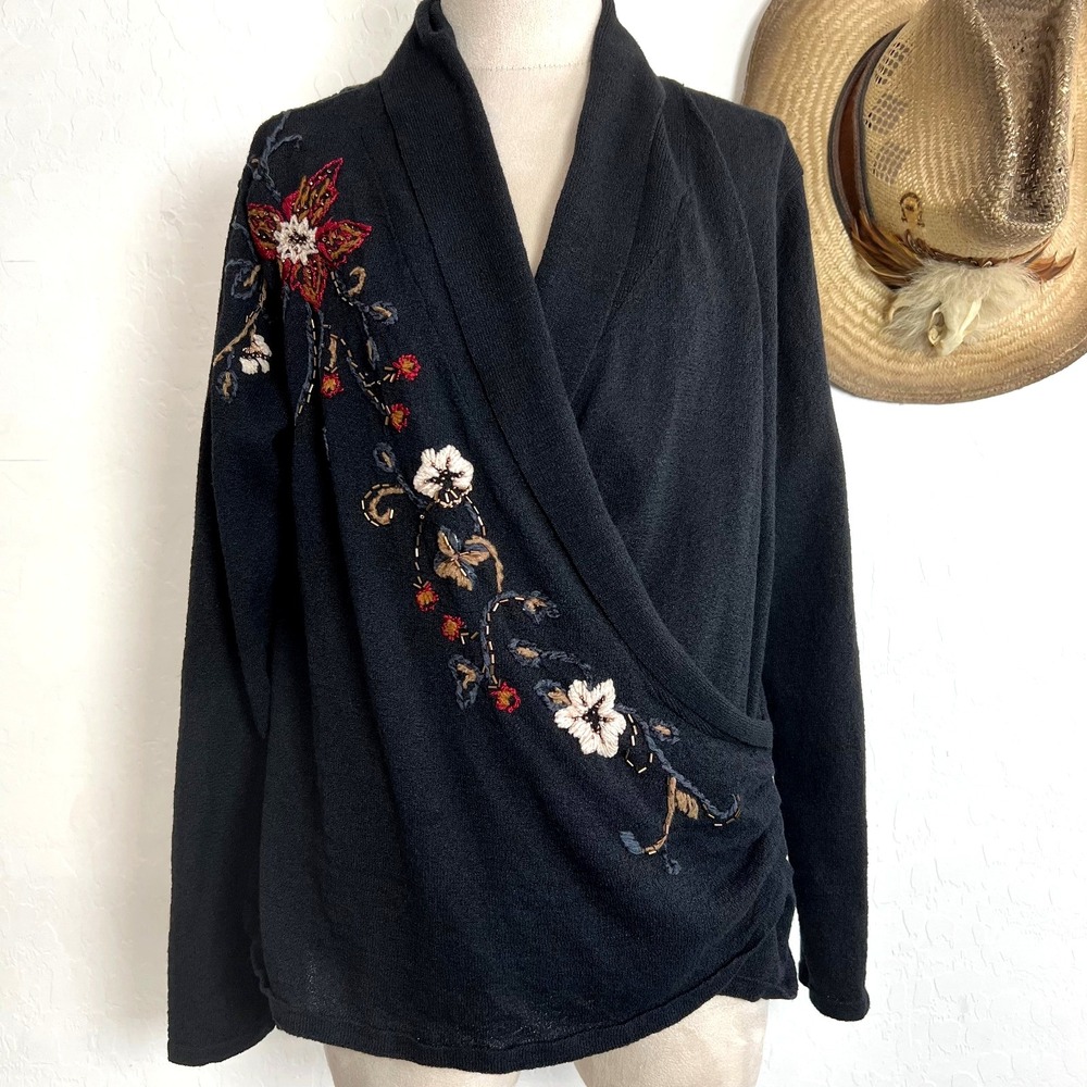 Coldwater Creek Floral Embroidered Beaded Wrap Cardigan sz L Boho Folk VTG style